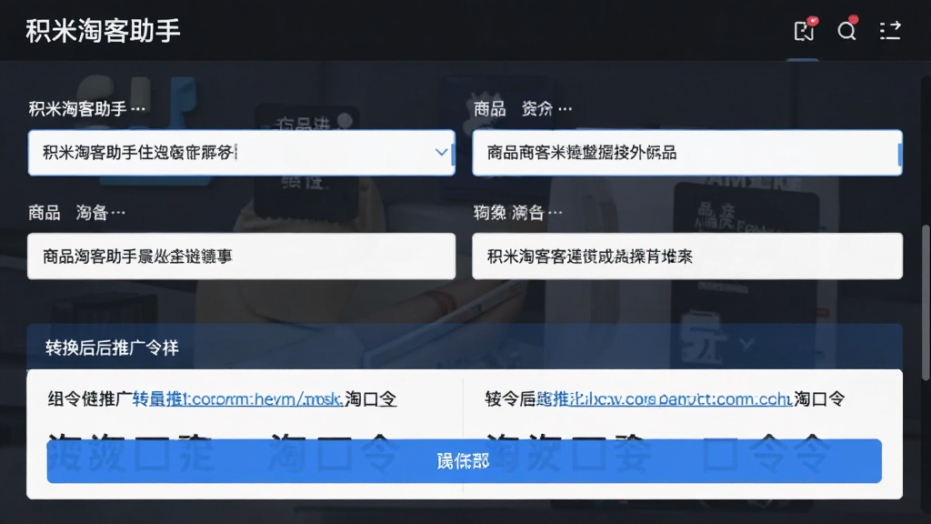 一张展示积米淘客助手批量转换链接功能的操作截图,界面中有多个商品链接输入框,下方显示转换后的推广链接和淘口令,按钮为蓝色,布局整齐,画质干净