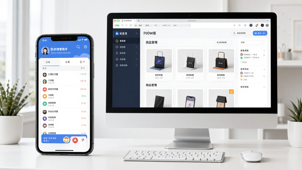 一张展示积米淘客助手在手机和电脑上同时运行的场景图,手机屏幕显示订单数据,电脑屏幕显示商品管理界面,背景为简洁办公桌,整体风格干净明亮,画质清晰