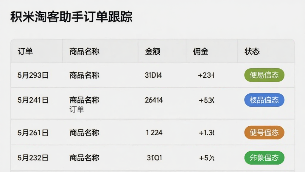 一张展示积米淘客助手订单跟踪功能的界面截图,表格中显示订单编号、商品名称、金额、佣金、状态,状态用不同颜色标签区分,界面清晰,画质干净
