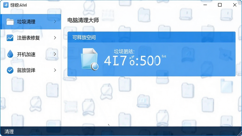 一张展示电脑清理大师主界面的高清截图,界面风格简洁明亮,左侧功能列表包含垃圾清理、注册表修复、开机加速等模块,中央区域显示扫描出的垃圾文件数量和可释放空间,整体布局清晰,色彩以蓝色和白色为主,画质干净,无多余元素