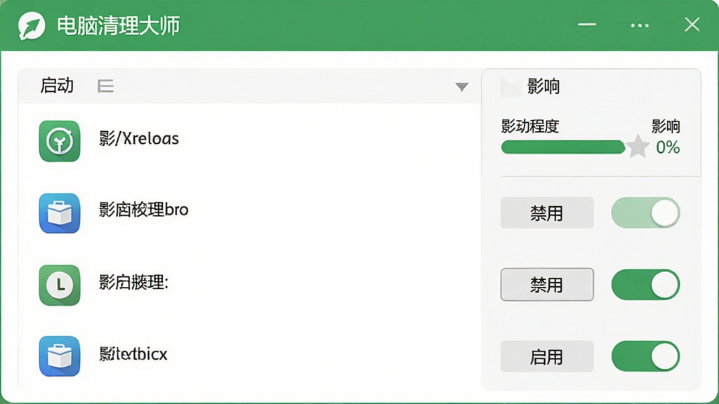电脑清理大师的开机加速功能界面,展示启动项列表,每个项目包含软件图标、名称、影响程度评级,并配有“禁用”或“启用”开关,界面简洁直观,绿色和白色配色,画质干净,无多余元素