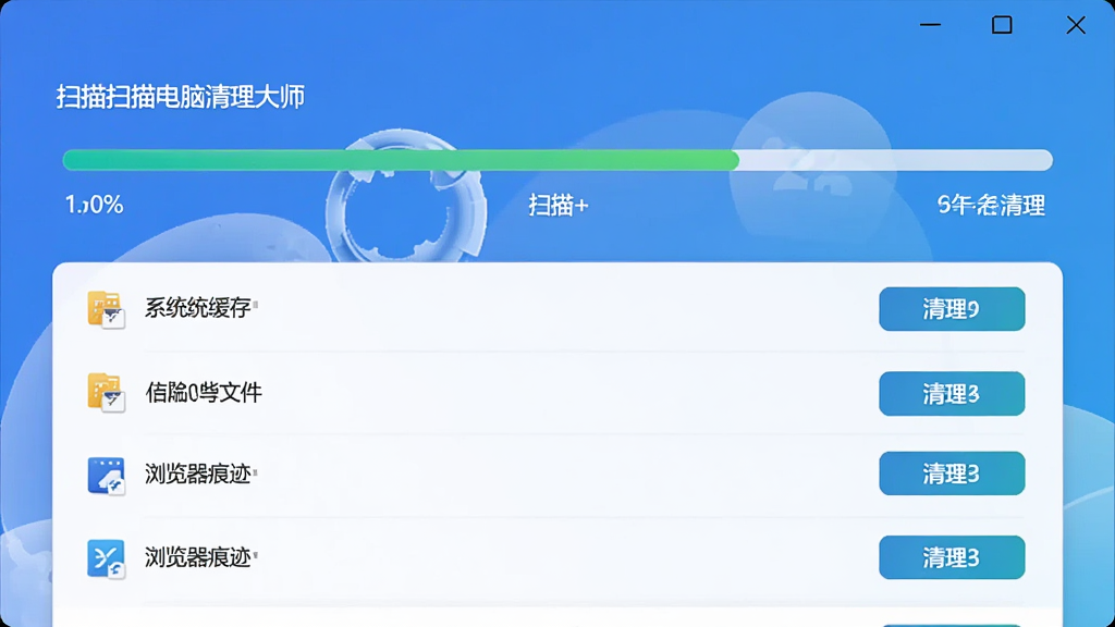 电脑清理大师正在进行全盘扫描的界面,进度条显示扫描百分比,下方分类列出各类垃圾文件,如系统缓存、临时文件、浏览器痕迹等,每个类别旁有清理按钮,界面设计现代,配色清爽,画质清晰,干净无多余元素