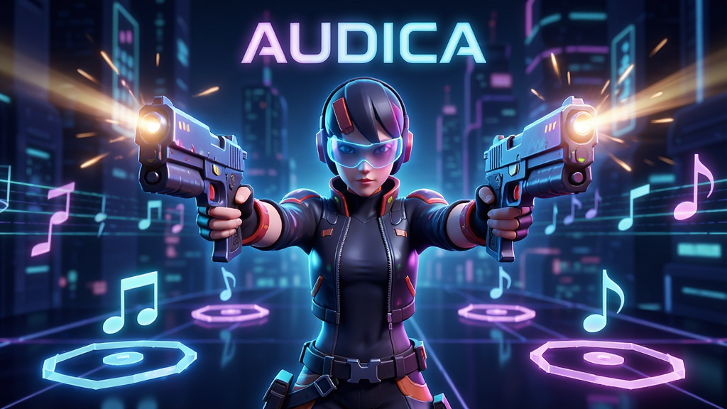 Audica游戏主视觉图,展示玩家在霓虹科幻场景中手持双枪,伴随音乐节拍击打发光音符目标,画面动感炫酷,主体突出游戏角色与光效,布局采用中心对称,风格为3D渲染,细节丰富,画质清晰,干净无多余元素