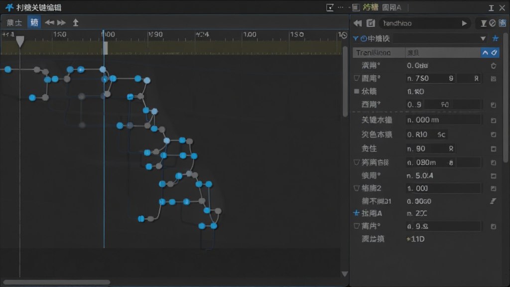 右糖关键帧编辑界面截图,展示时间线上的多个关键帧节点,右侧属性面板显示当前选中对象的变换参数,界面以深灰色为基调,关键帧节点用亮蓝色高亮,整体风格专业,画质干净,无多余元素
