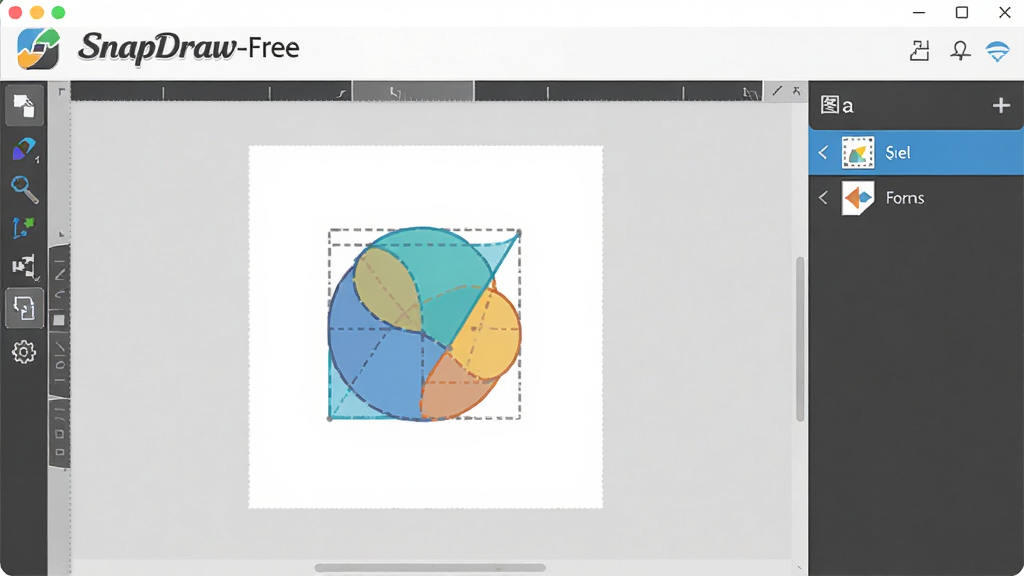 SnapDraw-Free主界面展示图,显示软件logo、工具栏、画布区和右侧图层面板,整体布局清晰,色彩明快,扁平化设计风格,画布上有一个简单的矢量图形示例,高分辨率,画质干净,无多余元素。