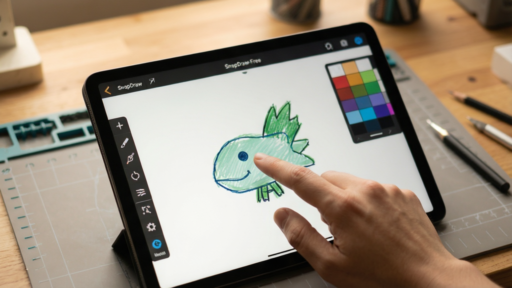 SnapDraw-Free操作示意图,显示手指在平板电脑上拖拽图形,屏幕上有工具栏和颜色面板,背景为工作台,光线柔和,画质细腻,无多余元素。