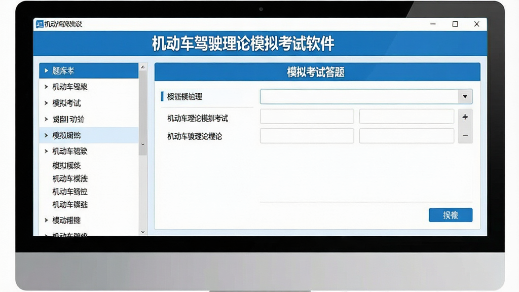 一张高清的电脑屏幕截图,显示机动车驾驶理论模拟考试软件的主界面,左侧是题库分类列表,右侧是模拟考试答题区,界面风格简洁现代,以蓝色和白色为主色调,顶部有软件名称“机动车驾驶理论模拟考试软件”字样,画质清晰,干净无多余元素
