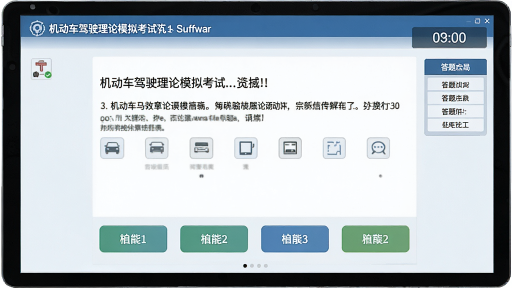 一张展示机动车驾驶理论模拟考试软件模拟考试界面的图片,屏幕上显示一道选择题,下方有四个选项按钮,右上角有倒计时和答题卡,整体风格与真实驾考系统一致,界面干净,画质高清,无多余元素