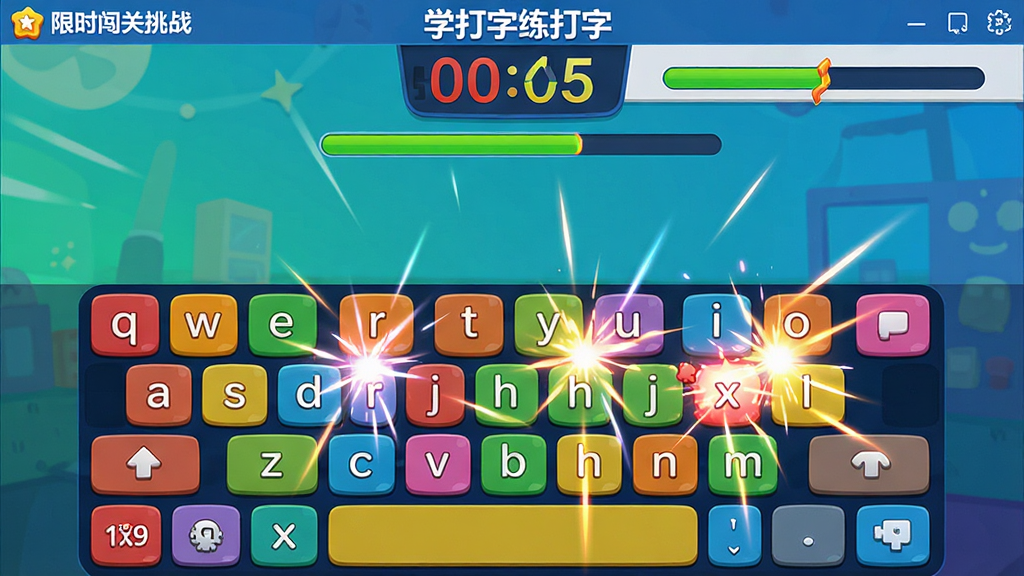 一张游戏化打字练习场景截图,画面中“学打字练打字”软件正在进行限时闯关挑战,屏幕上方有倒计时和进度条,下方是彩色字母键盘,击中字母时有特效反馈,整体风格活泼动感,色彩鲜艳,画质清晰,无多余元素