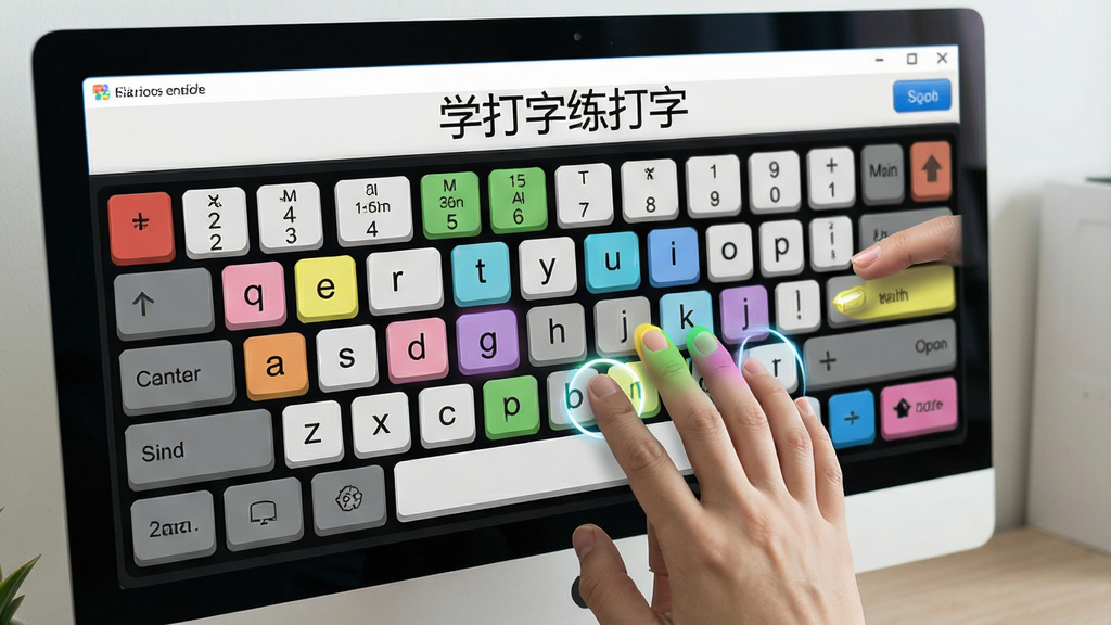 一张特写图片,电脑屏幕上显示“学打字练打字”软件的指法训练界面,虚拟键盘上手指分布区域用不同颜色标注,正在练习的字母键高亮闪烁,桌面环境整洁,画质细腻清晰,无多余元素
