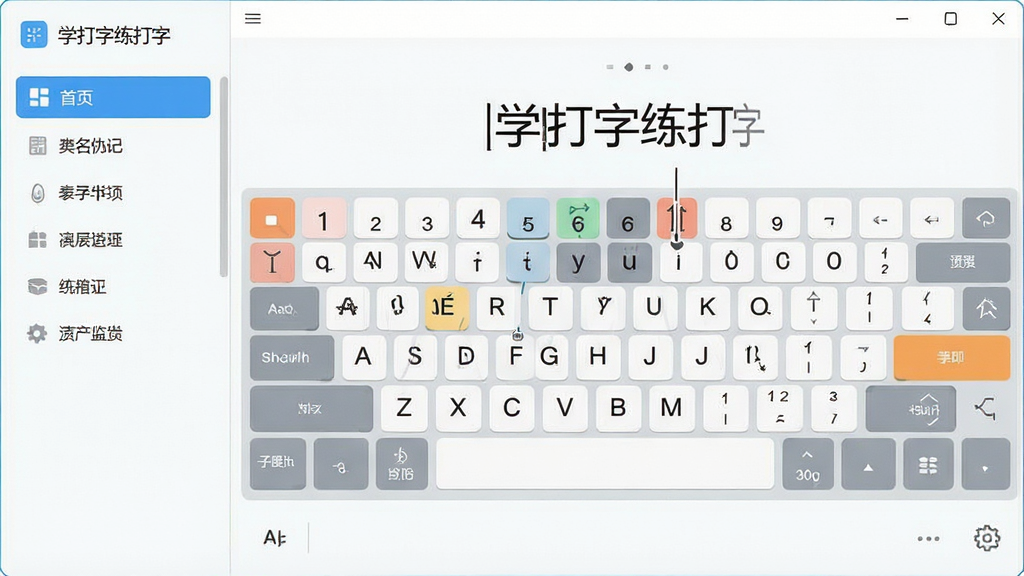 一张现代简约风格的电脑桌面截图,显示“学打字练打字”软件主界面,左侧是功能导航栏,右侧是打字练习区域,键盘指法示意图清晰可见,整体色调清新明亮,UI设计干净整洁,画质高清,无多余元素