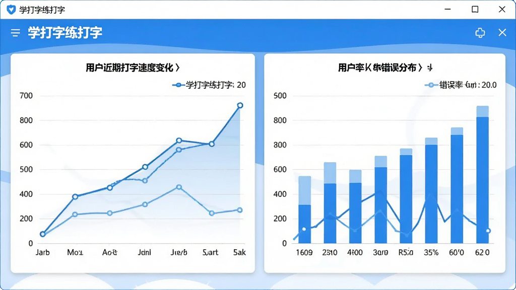 一张数据统计界面截图,“学打字练打字”软件以折线图和柱状图展示用户近期的打字速度变化和错误率分布,界面采用蓝白配色,数据清晰易读,背景简洁,画质高清,无多余元素