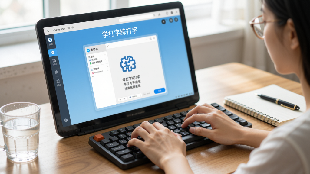 一张展示用户正在使用“学打字练打字”软件练习的场景,双手在键盘上敲击,电脑屏幕显示练习界面,桌上摆放水杯和笔记本,环境真实自然,光线柔和,画质清晰,无多余元素