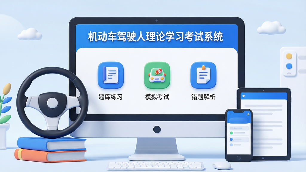 ���壺һ�������������Ļ��ϵ�3D�廭����Ļ����ʾ����������ʻ������ѧϰ����ϵͳ�������棻���֣���������Ϊ������ʾ��������з����̺��鱾���Ҳ����ֻ���ƽ�壻�Ű棺�����⡰��������ʻ������ѧϰ����ϵͳ��������Ļ�Ϸ����·����С������ϰ����ģ�⿼�ԡ��������������ͼ�ꣻ����ִ���ƽ�����΢���ɫ������������Ϊ����ϸ�ڣ�ͼ�꾫�£�����������������ͣ����ʣ�������Ⱦ���ɾ��޶���Ԫ�ء�