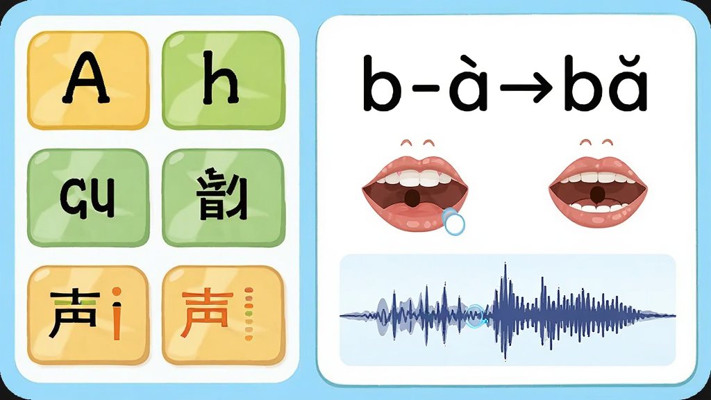 一张展示拼音拼读训练的界面截图,左侧是声母、韵母、声调的选项,右侧是一个音节拼读练习,例如