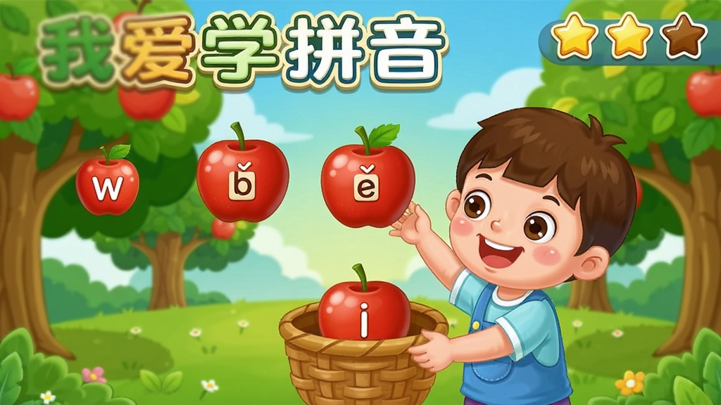 一个游戏闯关界面,孩子正在玩摘苹果游戏,苹果上写着拼音字母,正确读出后苹果会落入篮子中,界面有