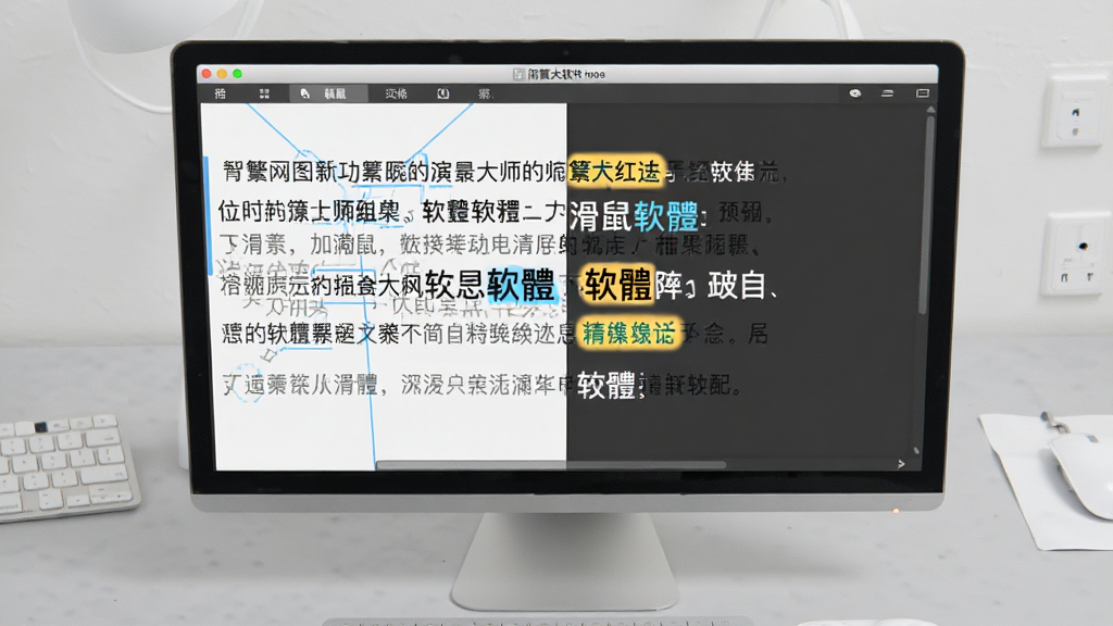 简繁大师软件智能转换功能演示图,屏幕中展示一段简体中文句子正在被转换为繁体中文,转换后的关键词用高亮颜色标出,界面显示“滑鼠”、“”等词汇,背景为浅灰色工作台,整体风格专业清晰,画质干净,无多余元素