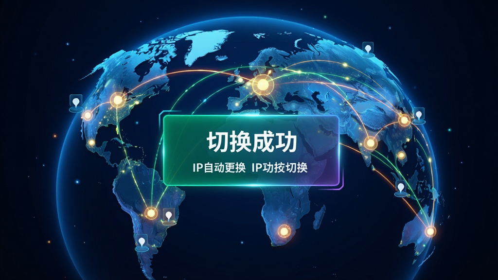 一张动态效果图,展示IP自动更换大师正在快速切换IP地址的过程,地球背景上有多个光点连接到不同位置,界面显示“切换成功”提示,色彩明亮,科技感强,画质干净,无多余元素。