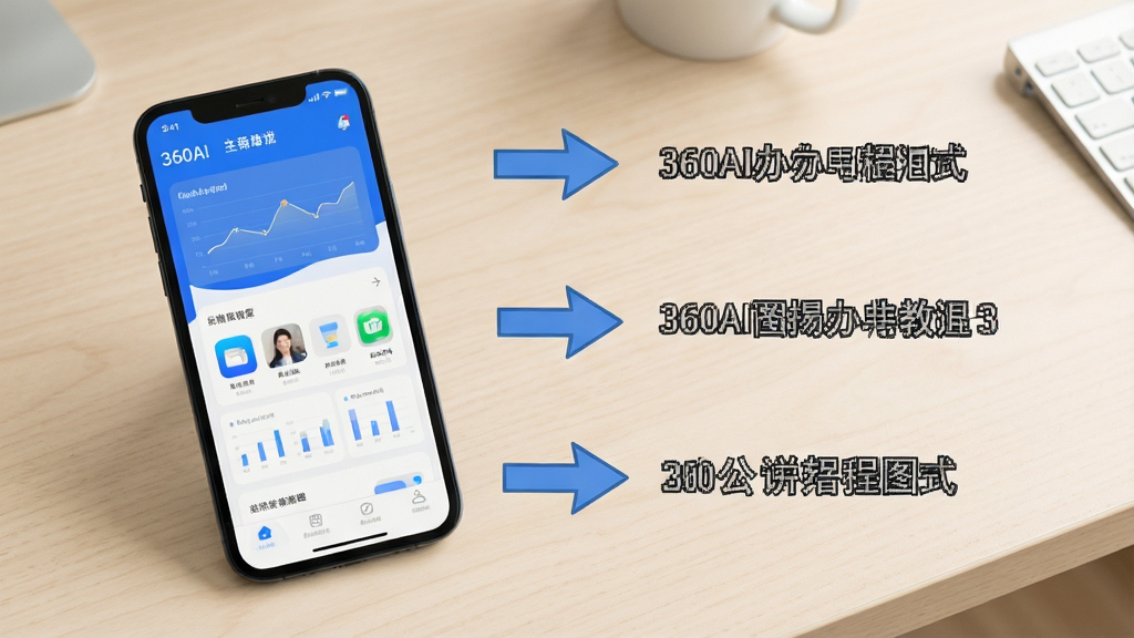 360AI办公使用教程图示,手机屏幕显示应用主界面,旁边有步骤箭头指引,背景为浅色桌面,风格简洁,画质清晰,无多余元素