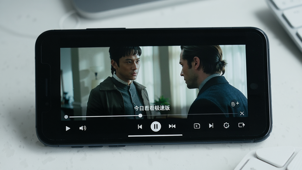 一张展示“今日看看极速版”在手机上播放视频的实拍图,手机横屏播放电影画面,画面清晰,播放器控制栏显示进度条和功能按钮,手机背景为简洁的桌面,整体光线明亮,风格真实自然,画质高清,细节丰富,无多余元素
