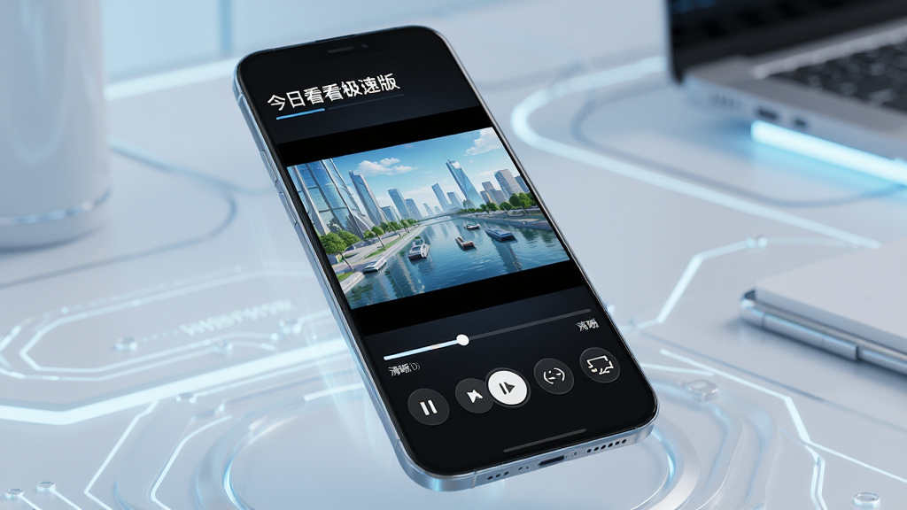 一张动态效果图,画面中一部智能手机正在播放“今日看看极速版”中的高清视频,视频画面清晰流畅,播放器下方有播放/暂停按钮、进度条、清晰度选择、倍速播放、投屏等控制图标,整体氛围科技感十足,风格简洁明了,画质高清,细节丰富,无多余元素