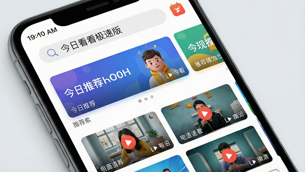一幅展示智能手机屏幕的图片,屏幕中清晰显示“今日看看极速版”的APP主界面,界面布局包含顶部搜索栏、中部横向滚动的推荐横幅、下方两列视频缩略图网格,整体风格现代简约,色彩明快,背景为干净的浅灰色,画质高清,细节丰富,无多余元素
