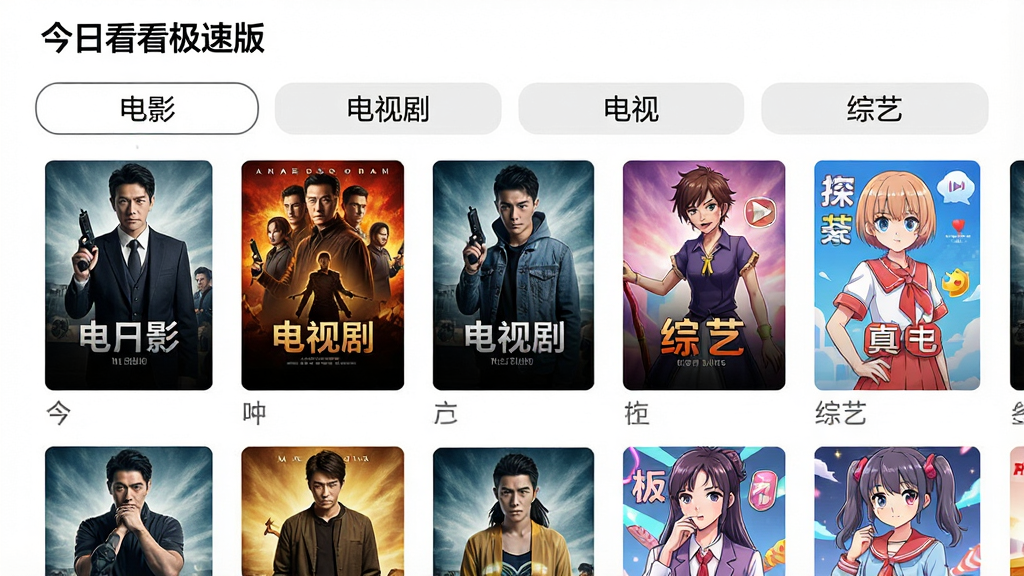 一张展示“今日看看极速版”应用内影视资源分类的截图,画面中显示电影、电视剧、综艺、动漫等多个分类标签,每个分类下方有对应的海报缩略图,海报排列整齐,色彩鲜艳,整体布局清晰,风格简洁,画质高清,细节丰富,无多余元素