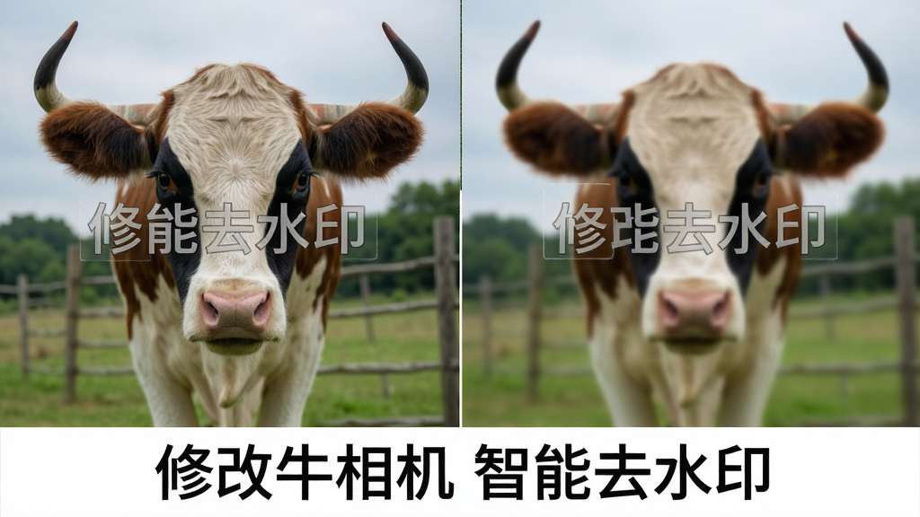 一张展示修改牛相机智能去水印效果的对比图,左侧为带有水印的原图,右侧为去除水印后的效果图,水印区域被完美修复,背景自然衔接,图片下方标注“修改牛相机 智能去水印”字样,画质清晰,对比明显,风格专业,干净无多余元素