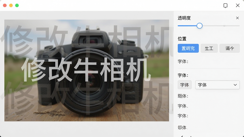 一张展示修改牛相机自定义加水印功能的界面截图,界面中显示一张示例图片,图片上添加了半透明的“修改牛相机”文字水印,右侧有属性调节面板,包括透明度滑块、位置选择按钮、字体样式下拉菜单等,界面布局合理,操作直观,画质干净,无多余元素