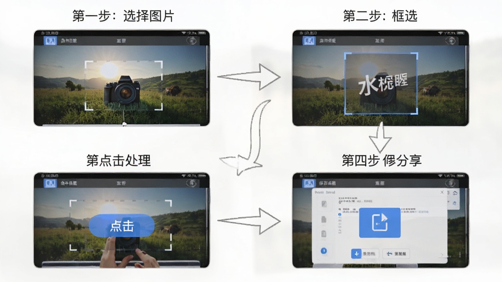 一张展示修改牛相机使用步骤的流程图,分为四步,第一步选择图片,第二步框选水印,第三步点击处理,第四步保存分享,每一步有对应的界面示意图,整体布局清晰,风格简洁,画质干净,无多余元素