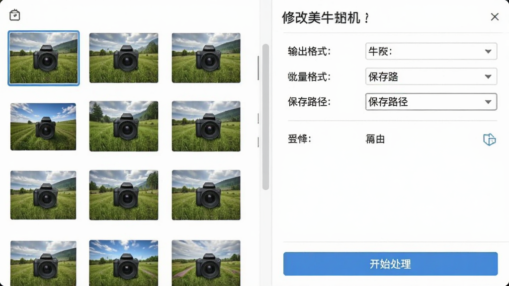 一张展示修改牛相机批量处理功能的界面截图,界面左侧为图片列表,显示多张待处理的图片缩略图,右侧为批量设置选项,包括输出格式、保存路径等,底部有“开始处理”按钮,整体布局清晰,操作便捷,风格简洁,画质干净,无多余元素