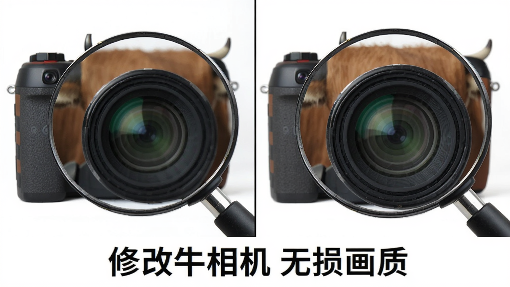 一张展示修改牛相机无损画质输出效果的对比图,左侧为原图,右侧为处理后的图片,放大细节部分显示画质细腻,无噪点,色彩还原准确,图片下方标注“修改牛相机 无损画质”字样,风格专业,画质干净,无多余元素
