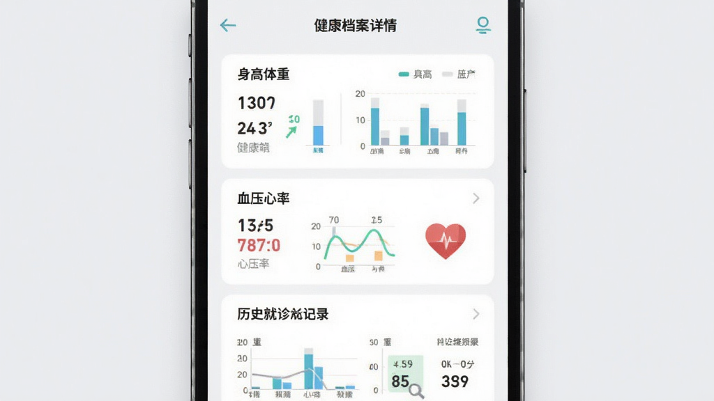 全诊健康档案功能预览图,主体为手机屏幕上展示的健康档案详情页面,包含身高体重、血压心率、历史就诊记录等数据图表。布局采用列表与图表结合,背景为浅灰色,风格扁平清爽,细节突出数据可视化,画质干净明亮,无多余元素。