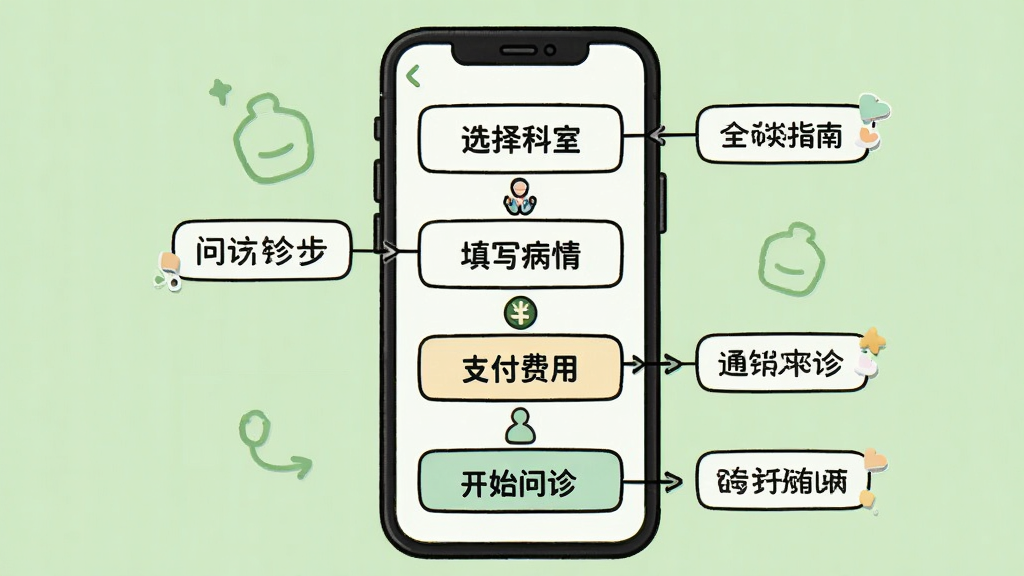 全诊使用指南示意图,主体为一部手机展示问诊流程,屏幕从上至下依次为选择科室、填写病情、支付费用、开始问诊四个步骤。布局采用竖向流程图,背景为浅绿色,风格简洁卡通,细节标注每一步操作,画质干净清晰,无多余元素。
