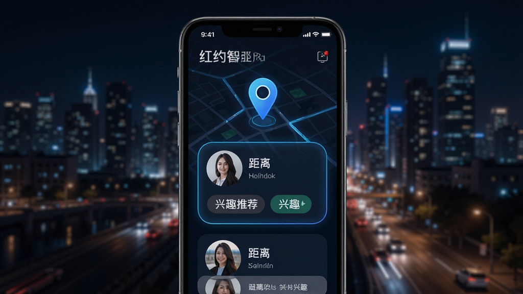 红约智能匹配功能示意图,手机界面显示地图定位与推荐用户卡片,卡片上有头像、距离、兴趣标签,背景为城市夜景,界面科技感强,画质清晰,无多余元素