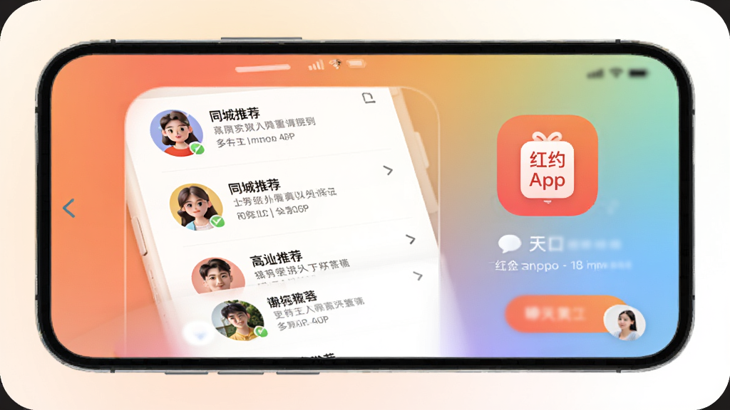 红约APP主界面预览图,手机屏幕展示同城推荐列表与聊天入口,背景为渐变色,界面简洁现代,图标圆润,人物头像清晰,整体风格明亮温馨,画质干净,无多余元素