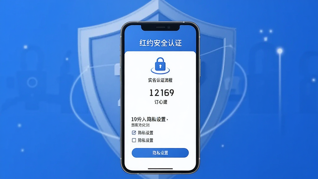 红约安全认证界面,手机屏幕显示实名认证流程与隐私设置选项,背景为盾牌图标,色调为蓝色,界面简洁清晰,画质干净,无多余元素