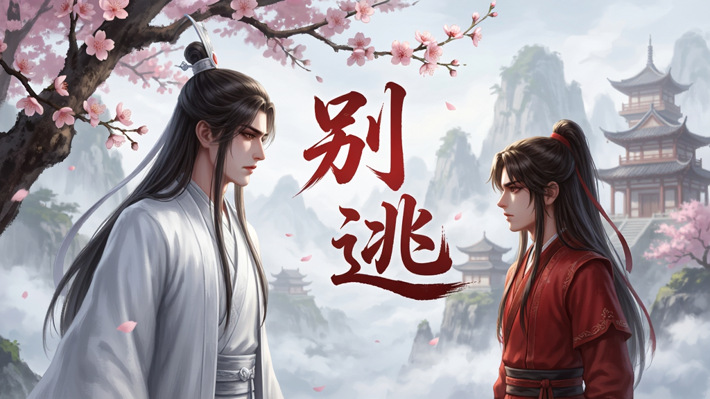 唯美古风游戏《别逃》主视觉图,一位白衣师尊与红衣弟子在桃花树下对峙,画面中央有“别逃”二字艺术字标题,背景是云雾缭绕的仙山楼阁,人物表情细腻,光影柔和,整体氛围既暧昧又充满张力,高清渲染,电影级构图,干净无多余元素。