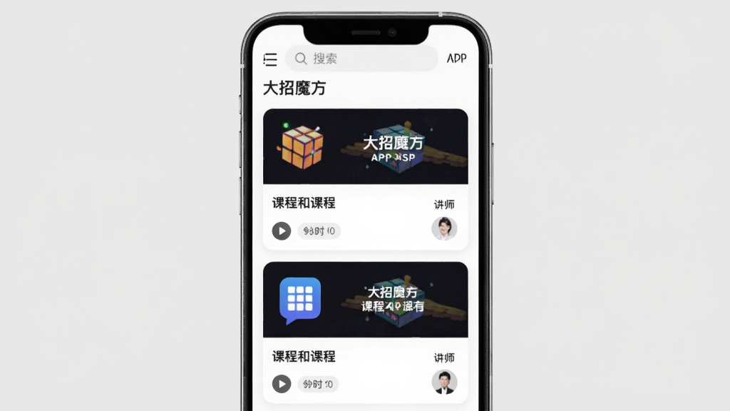 画面主体为“大招魔方”APP课程列表界面,屏幕上排列着多个课程卡片,每张卡片有科目图标、课程名称与讲师头像,屏幕上方有搜索栏,背景为纯浅灰色,手机居中构图,排版整齐,风格简洁清新,细节包含播放按钮与课程时长标签,画质干净无多余元素。