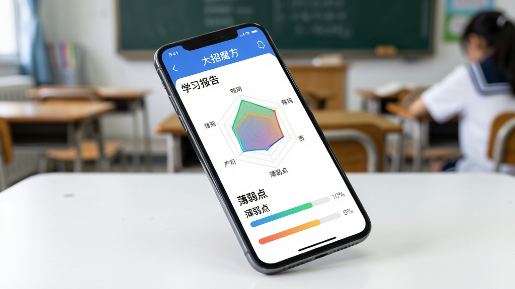 画面主体为智能手机屏幕展示“大招魔方”APP的AI学习规划界面,屏幕上有彩色雷达图与进度条,标着“学习报告”、“薄弱点”等文字,手机斜放在桌面上,背景为模糊的教室场景,布局为手机居中、桌面留白,排版注重界面细节展示,风格写实,细节丰富,画质清晰,干净无多余元素。