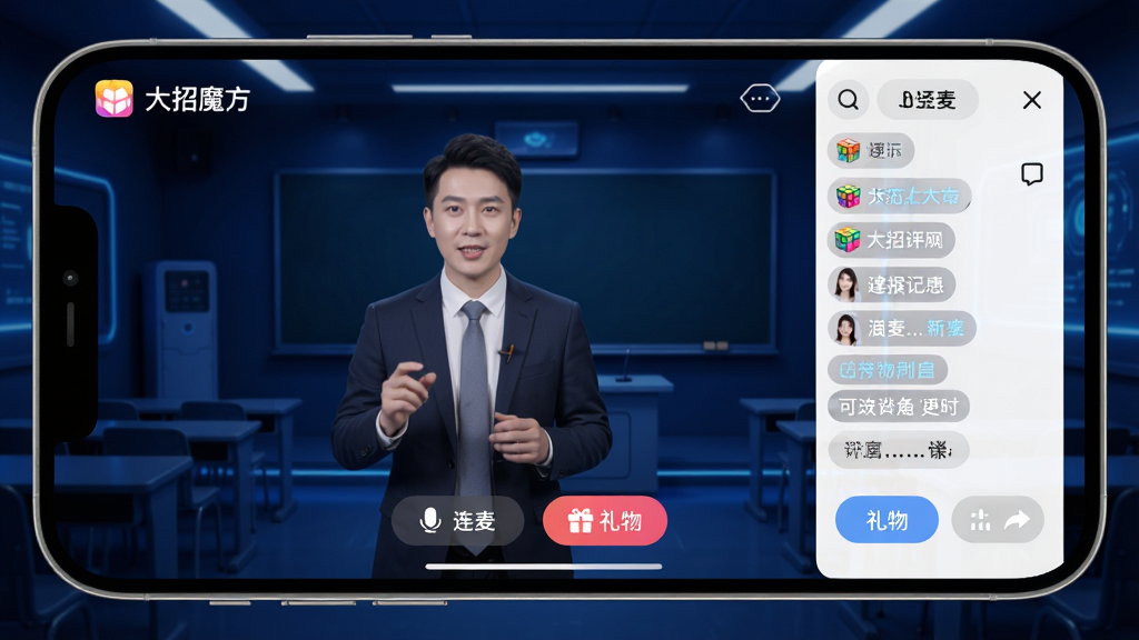 画面主体为“大招魔方”APP的直播课堂界面,屏幕中央为老师讲课画面,右侧有互动聊天区,底部有“连麦”、“礼物”按钮,整体UI设计清晰,背景为深蓝色科技感教室场景,手机横屏展示,布局饱满,风格现代,细节丰富,画质高清,干净无多余元素。