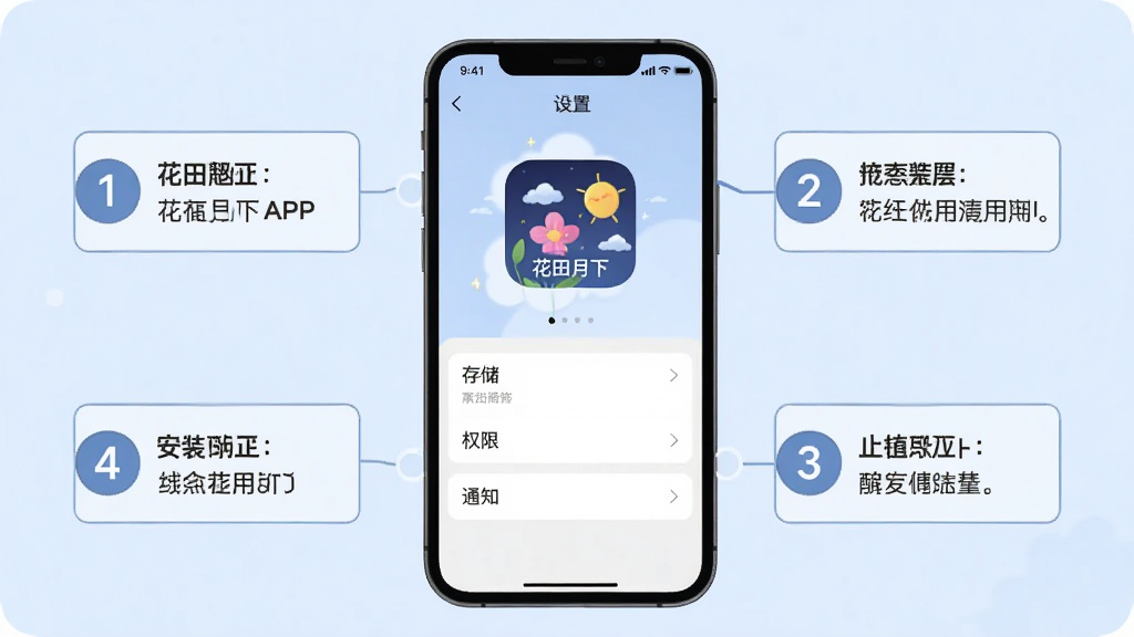 主体:花田月下APP的安装与使用教程示意图,手机屏幕显示“设置”界面,其中有“存储”、“权限”、“通知”等选项。布局:手机居中,周围有简洁的步骤说明文字框,用数字1-3标注。排版:教程风格,文字清晰。风格:简洁现代的扁平插画风,背景为淡蓝色。细节:屏幕内需显示“花田月下”应用图标。画质:清晰,干净,无多余元素。