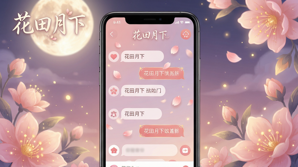 主体:一款名为“花田月下”的社交APP的手机界面展示,屏幕中显示着带有花瓣飘落特效的聊天背景,对话气泡设计精美。布局:手机居中,屏幕内容清晰可见,周围环绕着柔和的月光和盛开的鲜花元素。排版:界面UI设计现代简约,图标线条流畅,整体视觉中心突出。风格:唯美浪漫的插画风格,色调以暖粉色和淡紫色为主,辅以金色光点。细节:画面中需出现“花田月下”四字LOGO,字体为优雅的手写体。画质:8K超清,画面干净,无多余元素。