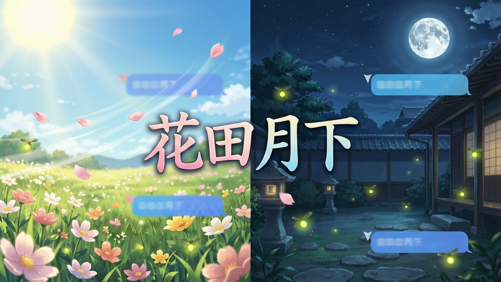 主体:花田月下APP的特色功能预览图,展示“花田”和“月下”两种不同的动态聊天背景。布局:左右分屏对比展示,左边是阳光下的花田,右边是月光下的静谧庭院。排版:画面中央有“花田月下”的艺术字标题。风格:新海诚式的唯美动画风格,色彩明亮通透。细节:背景中要有微风吹过花瓣飘落和萤火虫飞舞的细节,体现动态效果。画质:高清晰度,画面干净,无多余元素。