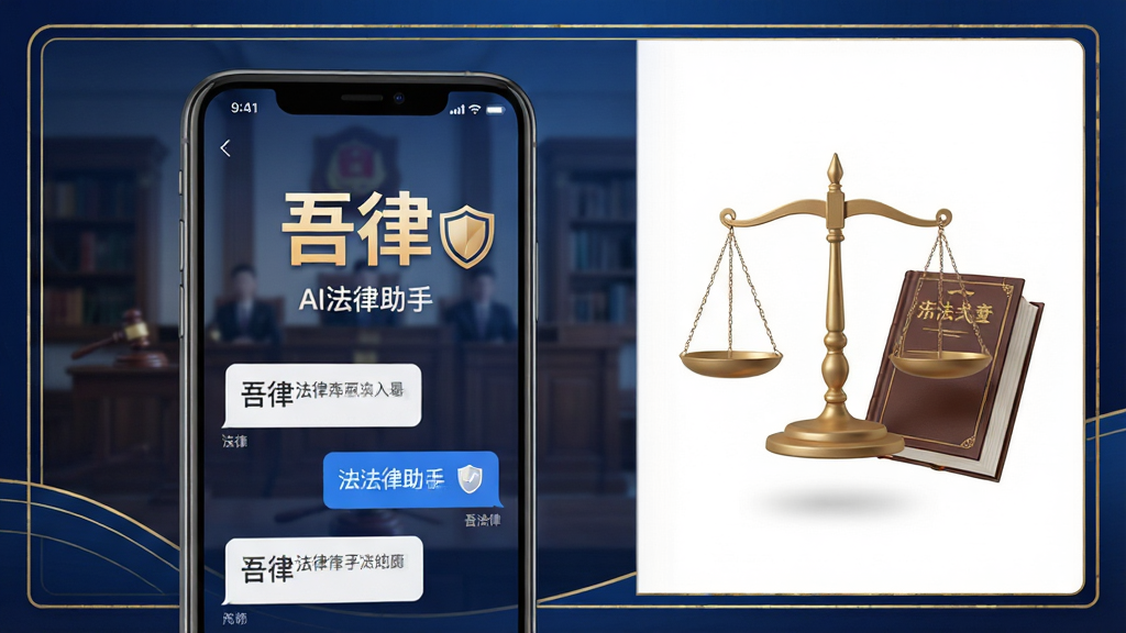 主体:一部亮着屏幕的智能手机,屏幕中央显示“吾律”App的对话界面,界面中有法律文书和盾牌图标。布局:手机位于画面中心偏左,右侧留白区域悬浮着象征公正的法律天平和法典。排版:手机屏幕内容清晰可辨,主标题“吾律”二字醒目,下方辅以“AI法律助手”字样。风格:现代科技感与法律庄严感融合,背景采用深蓝色渐变,搭配金色线条装饰。细节:屏幕内展示简洁的问答气泡,背景有模糊的法庭或图书馆剪影,画质:超高清渲染,干净,无多余元素。