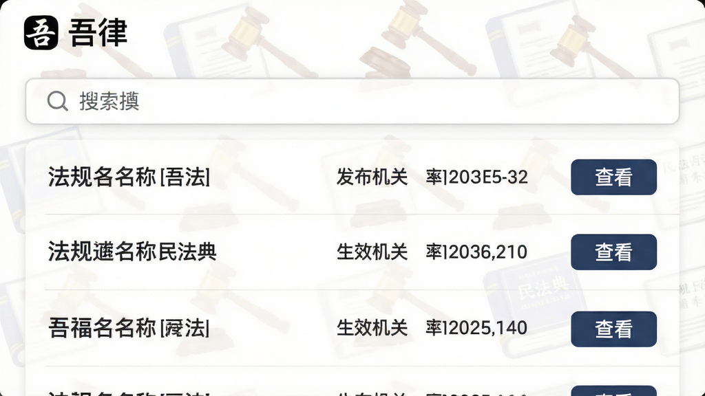 主体:“吾律”App的法规查询界面,展示搜索“民法典”后的结果列表。布局:顶部为搜索框,下方列表展示法规名称、发布机关和生效日期。排版:列表条目清晰,每条法规都配有“查看”按钮。风格:简洁的列表页设计,白底黑字,强调可读性。细节:屏幕顶部显示“吾律”Logo,背景有微弱的法典图案水印。画质:高清,干净,无多余元素。