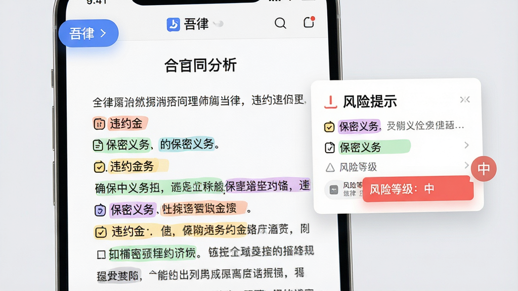 主体:一份电子合同文档在“吾律”App中被AI分析,文档上有多处彩色高亮标注。布局:左侧展示合同正文,右侧悬浮出风险提示卡片。排版:合同文字清晰,高亮部分(如“违约金”、“保密义务”)旁有解释小图标。风格:专业商务风格,背景为浅灰色,突出彩色标注。细节:屏幕上显示“吾律”的悬浮按钮,并弹出“风险等级:中”的提示。画质:精细,干净,无多余元素。