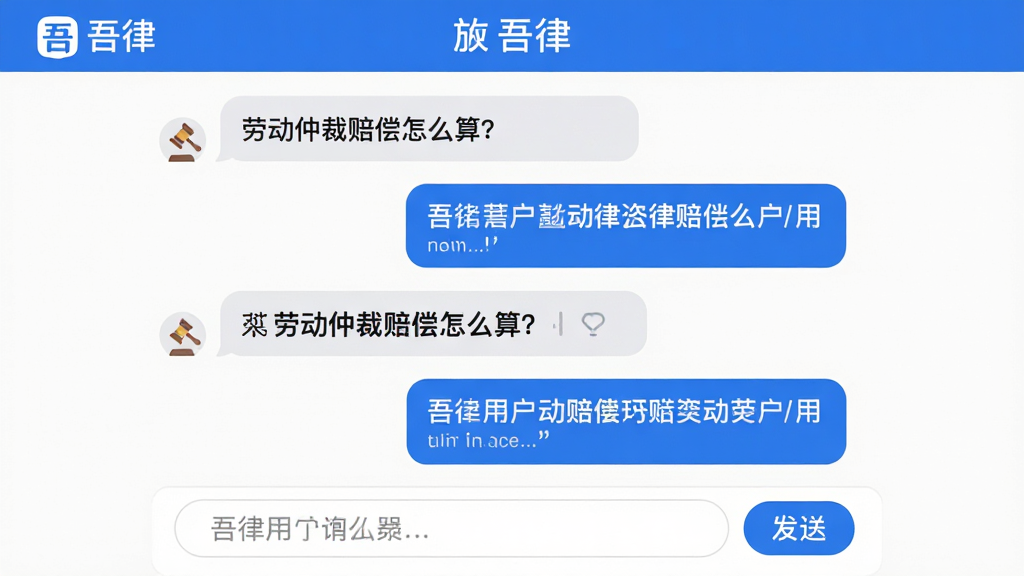 主体:“吾律”App的智能法律咨询功能界面截图,展示一个对话窗口。布局:上方为App标题栏,中间为多轮问答气泡,下方为输入框和“发送”按钮。排版:问答气泡排列有序,用户问题为浅灰色,AI回复为品牌蓝色,关键法律点用加粗显示。风格:扁平化设计,界面清爽,符合移动端操作习惯。细节:屏幕中显示“吾律”Logo,并出现“劳动仲裁赔偿怎么算?”等示例问题。画质:高清,干净,无多余元素。