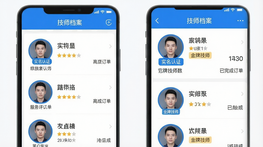 一张展示小蓝到家APP内技师档案页面的手机截图,主体为屏幕上的技师列表,每位技师配有蓝色边框的圆形头像照片,下方标注姓名、服务评分和已完成订单数。布局为上下滚动的列表形式。风格为清晰的UI界面设计,扁平化风格,蓝色主题色调。细节上突出显示
