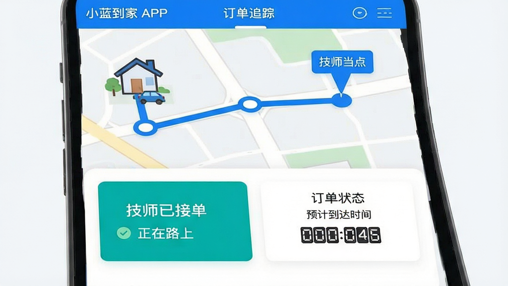 展示小蓝到家APP中订单追踪界面的设计图,主体为一条带有蓝色进度点的地图路径,从用户家位置到技师当前位置的连线。布局上地图占据上半部分,下半部分为订单状态卡片,显示